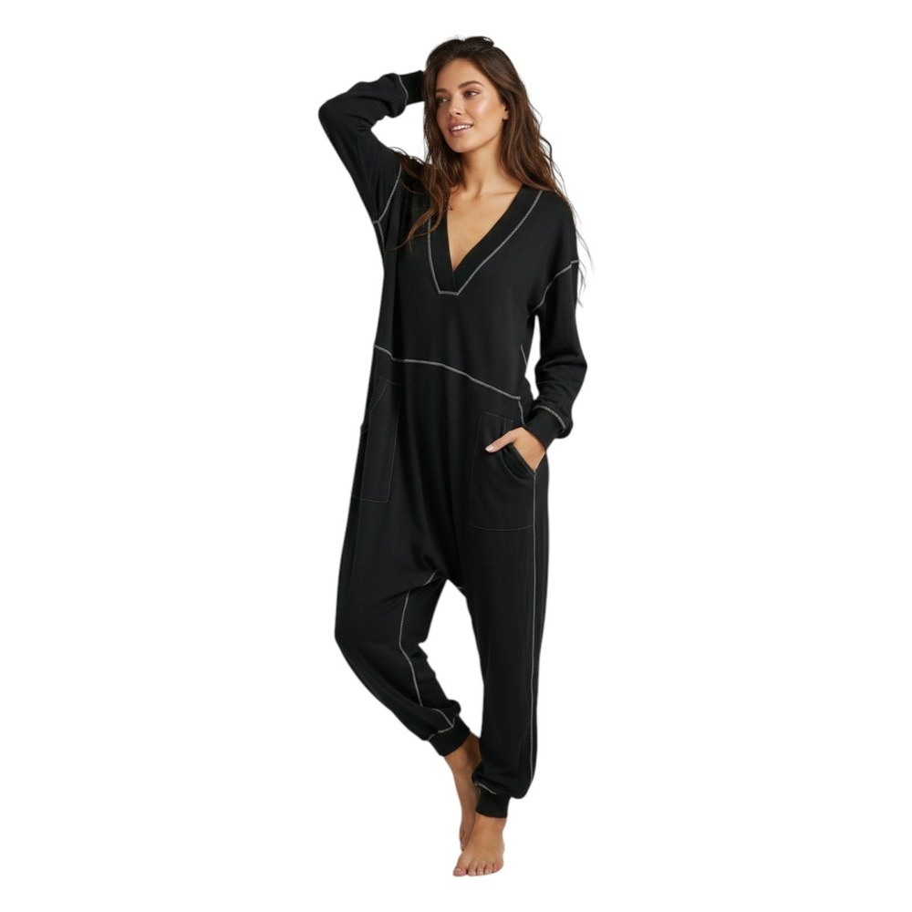 Natural Life Johnnie Jumpsuit Black Contrast Stitch V-Neck Cotton Romper Small